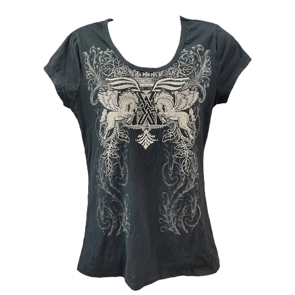BUS STOP Destroyed T-Shirt Active Couture Grunge Biker Graphic Crystal Sz Large